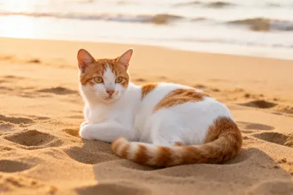 沙滩上橙白相间的短毛家猫躺卧状态