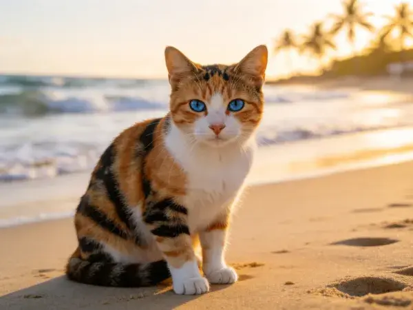 沙滩夕阳下蓝眼睛三色短毛家猫