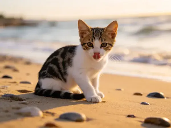 阳光下沙滩上的黑白花色短毛家猫