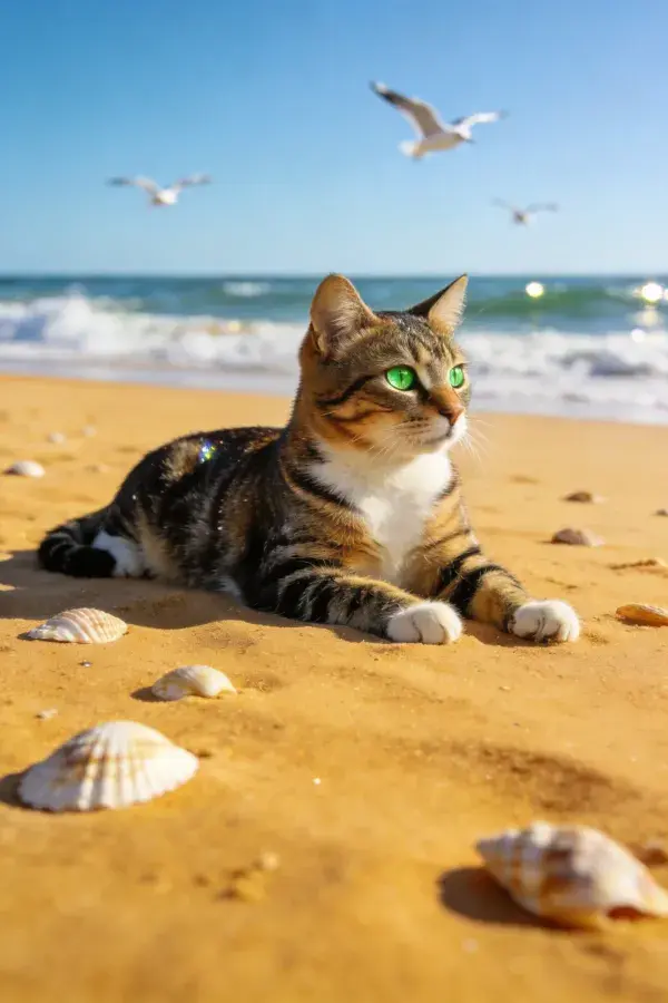 三色短毛猫静卧沙滩场景