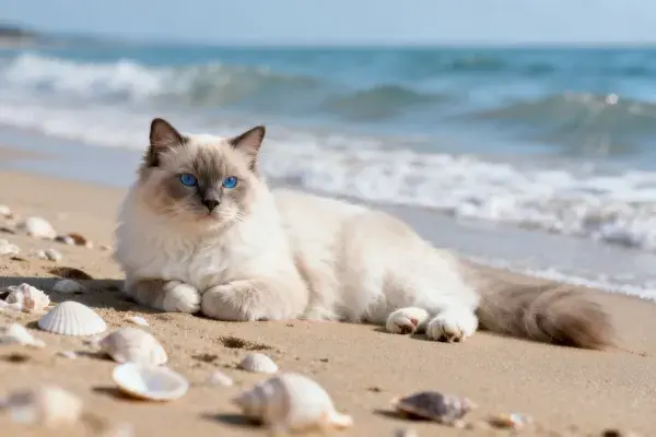 布偶猫在海滨沙滩的休憩画面