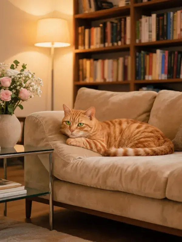 客厅暖光下橘色短毛猫休憩场景