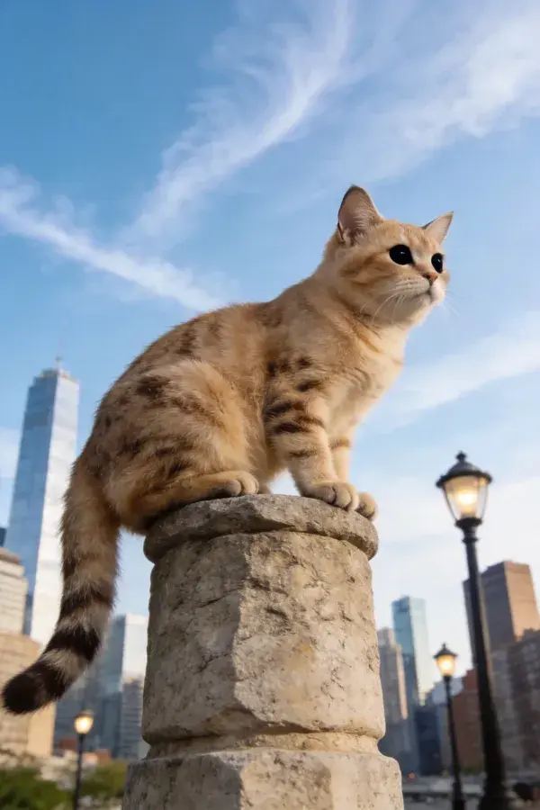 阳光都市中石柱上的金渐层短毛猫