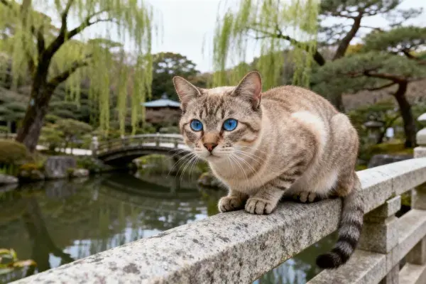 重点色短毛猫于日式园林栏杆处凝视