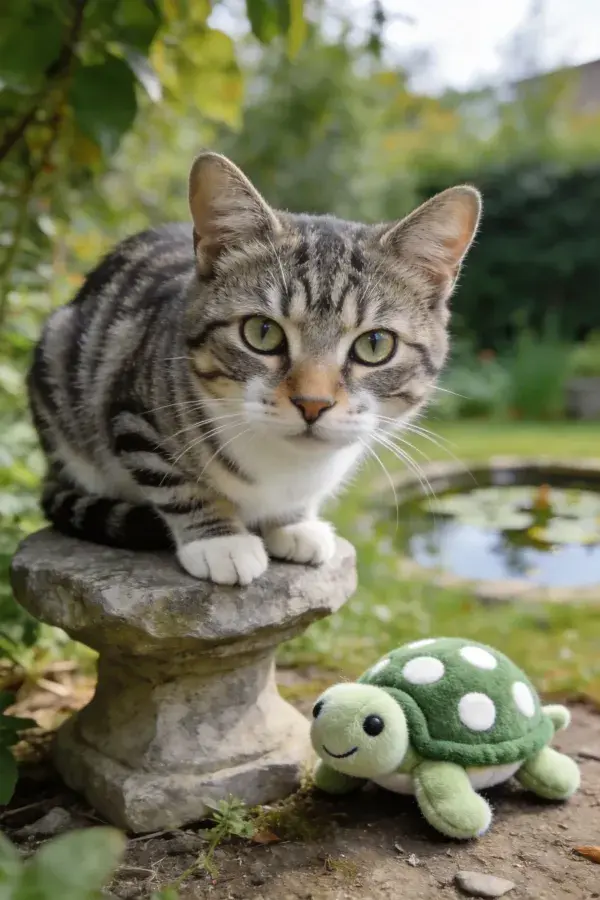 花园石凳上的短毛虎斑家猫与玩具乌龟