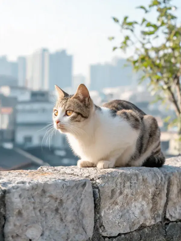 短毛家猫栖息在石墙上近景