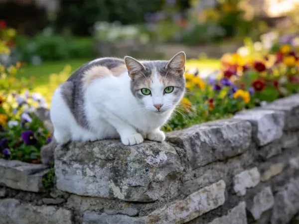 石墙上栖息的三色短毛家猫