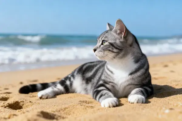 沙滩海岸边的短毛虎斑猫
