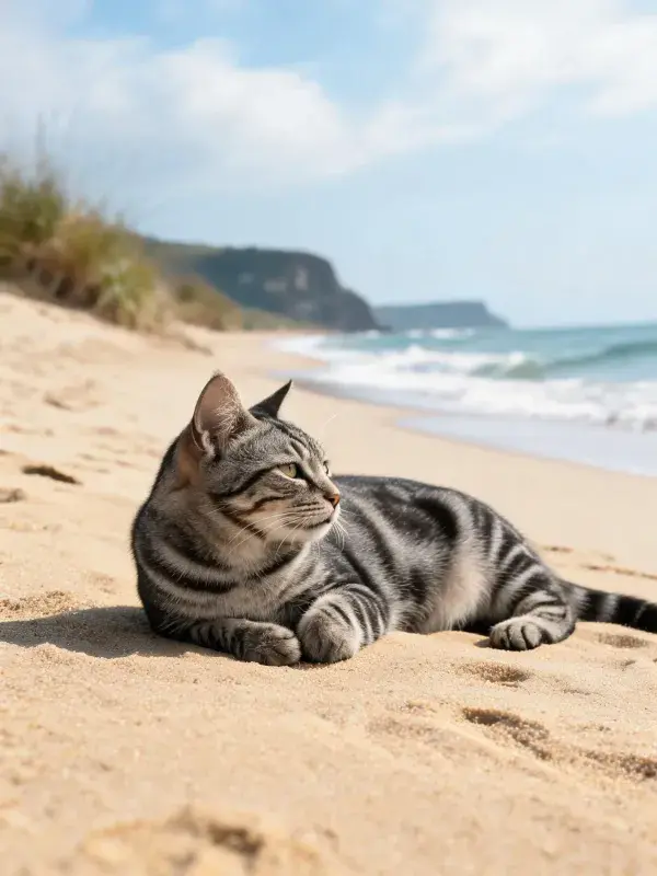 沙滩上的短毛虎斑猫休憩场景