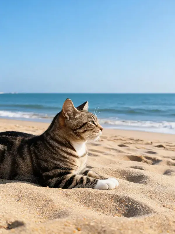 沙滩上的虎斑短毛家猫