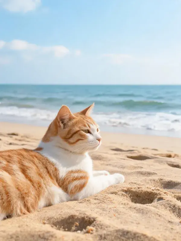 沙滩上橘白相间的短毛家猫姿态