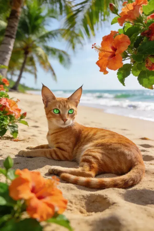 阳光沙滩上的橙斑短毛猫