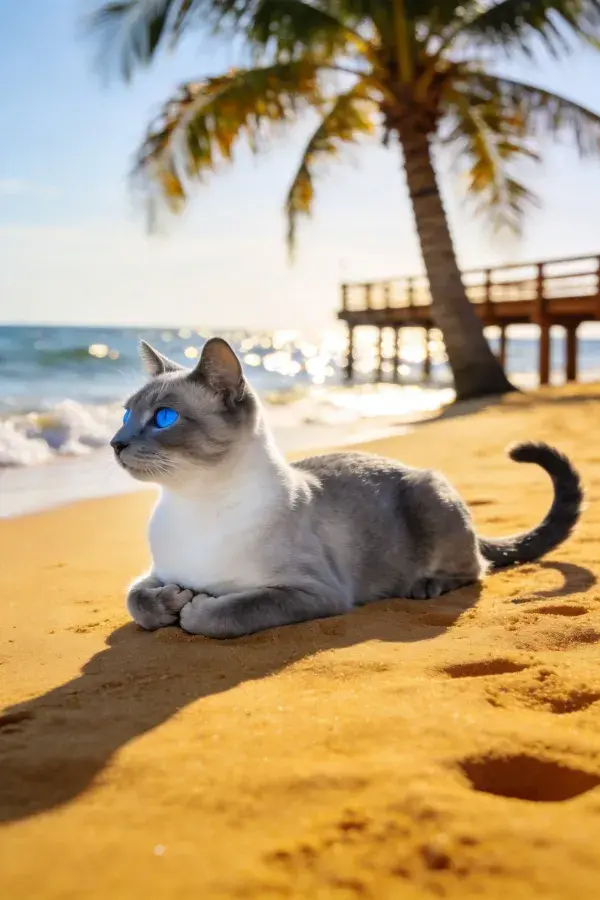 海滩椰林下蓝眼双色暹罗猫休憩