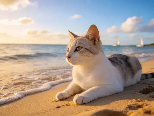海滩上躺卧的花斑短毛家猫