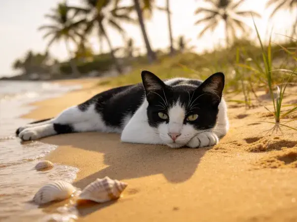 沙滩沙地上的黑白短毛家猫