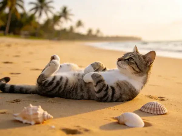 沙滩上躺卧的短毛虎斑猫