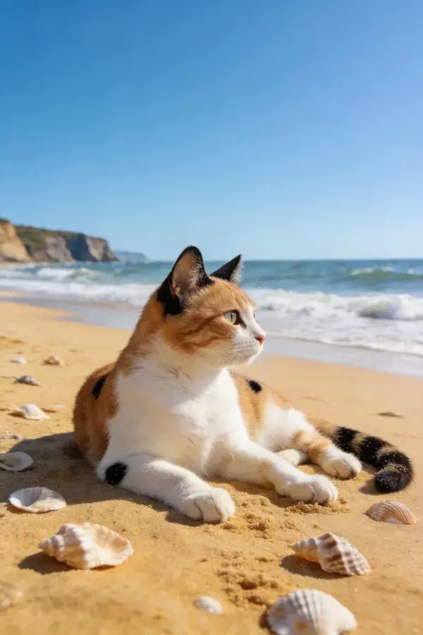 海滨沙滩上的三色短毛家猫眺望