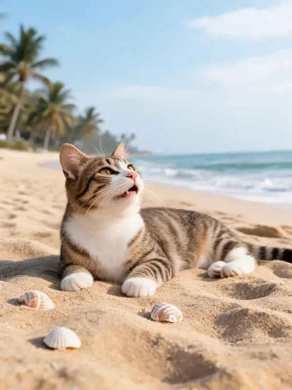 沙滩上短毛虎斑猫凝视动作