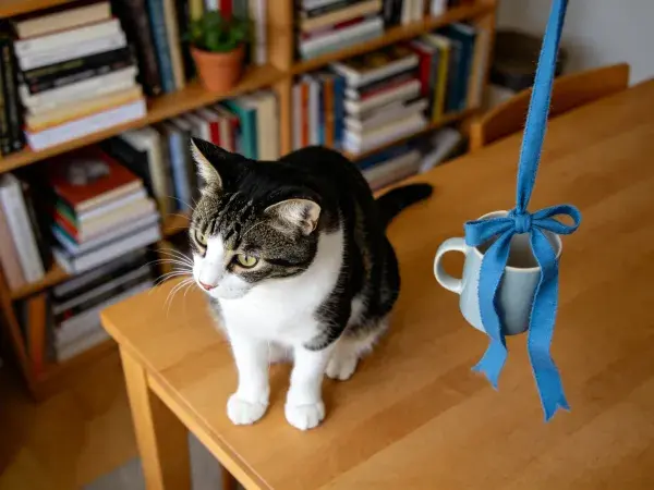 室内木质桌面的黑白短毛家猫特写场景