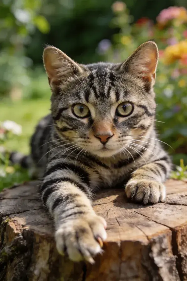 花园树桩上的虎斑短毛家猫