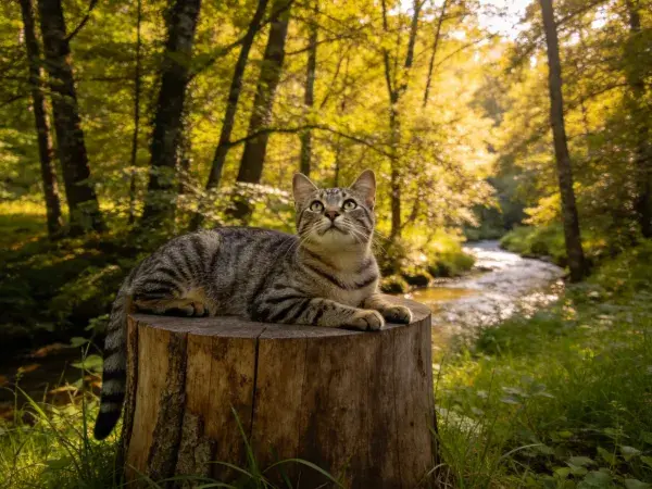 林间树桩上的短毛虎斑猫