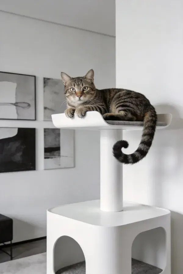 短毛虎斑猫躺卧现代猫爬架