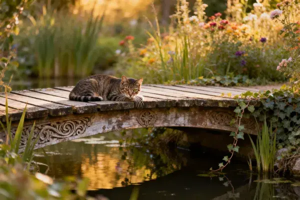 露天花园木桥上的短毛虎斑猫