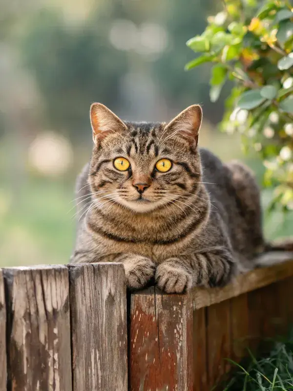 露天环境中虎斑纹短毛猫的停留景象