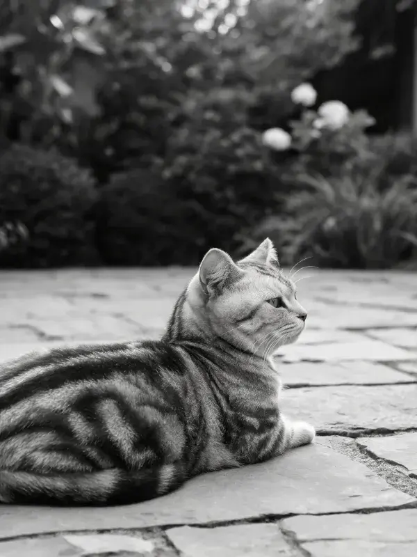 石板地面上的短毛虎斑猫姿态