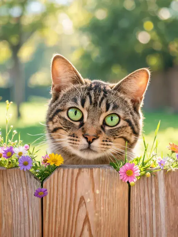 短毛虎斑猫在绿篱边的探望姿态