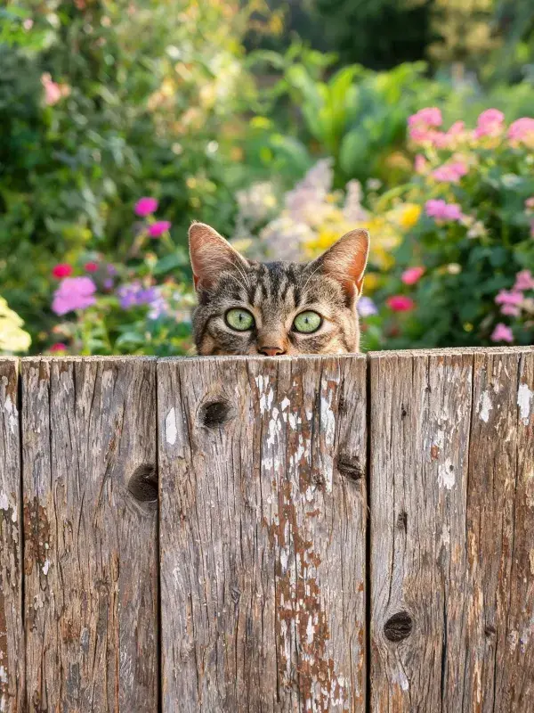 短毛虎斑猫在木栅栏后的探视画面