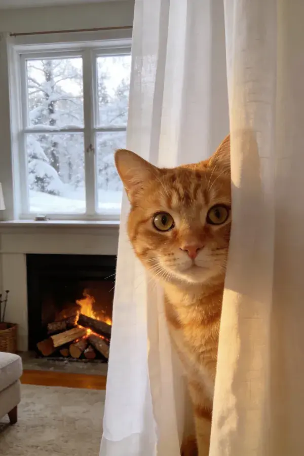 窗帘后探头的橘斑纹短毛猫