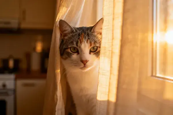 厨房窗边暖光下的三色短毛家猫
