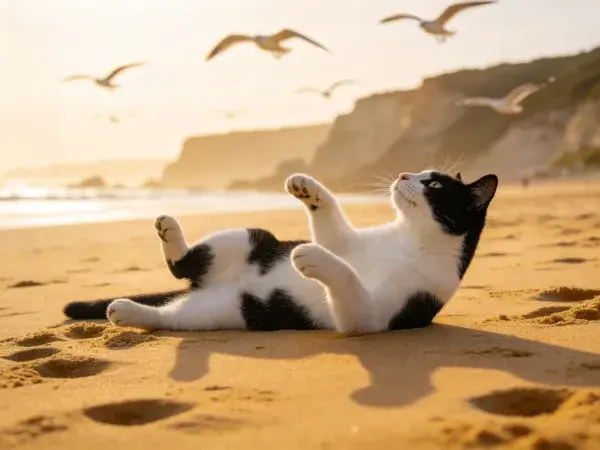 沙滩上黑白短毛家猫躺卧场景