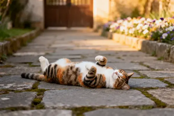 三色短毛家猫躺卧石板路场景