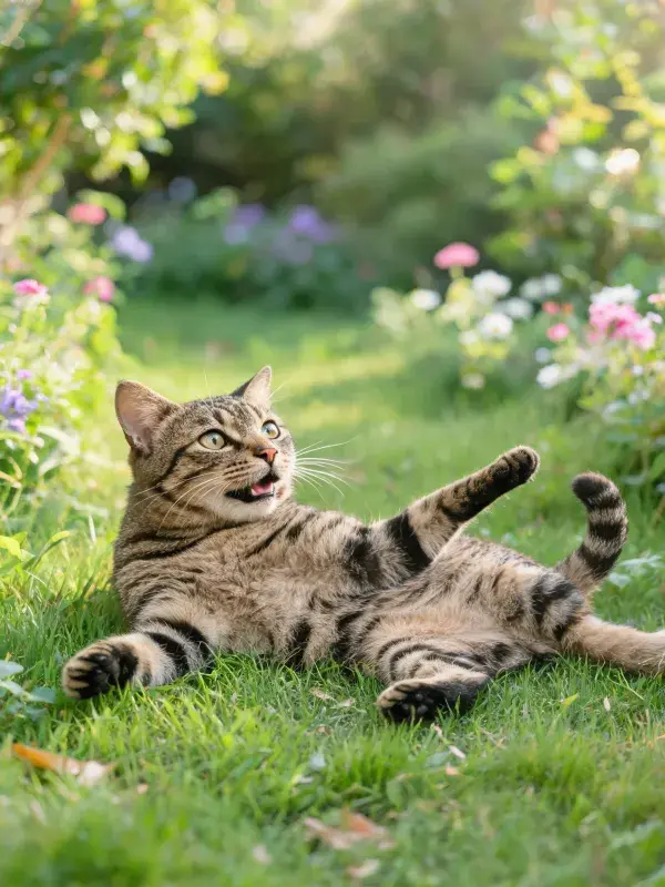 花园草坪上放松的虎斑家猫
