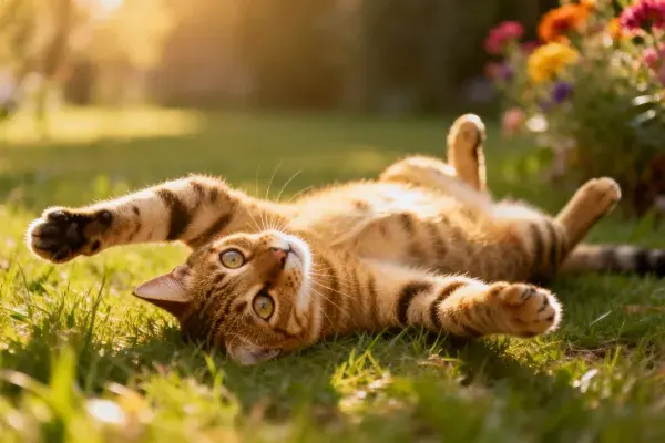 橙虎斑短毛猫躺卧草地光影特写