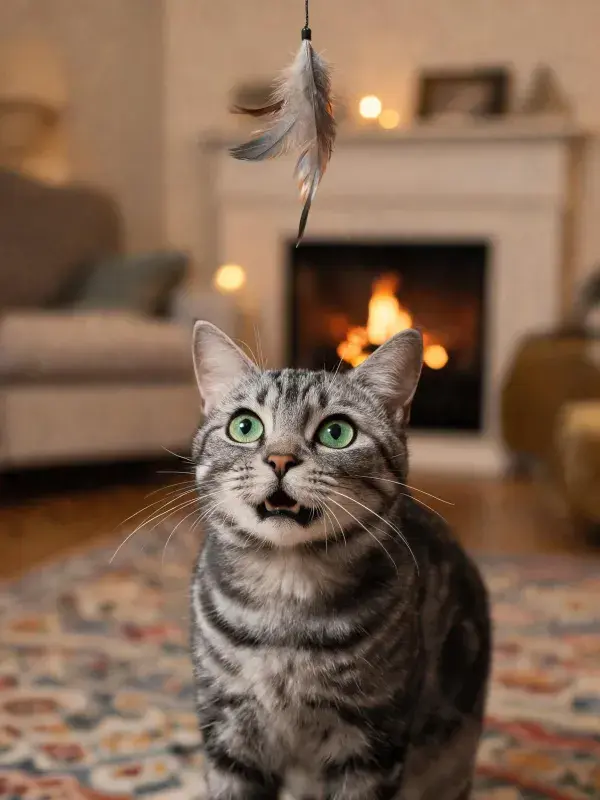 银虎斑短毛猫注视羽毛玩具的画面