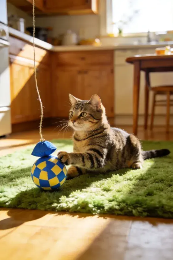 厨房地毯上的短毛虎斑猫玩耍场景