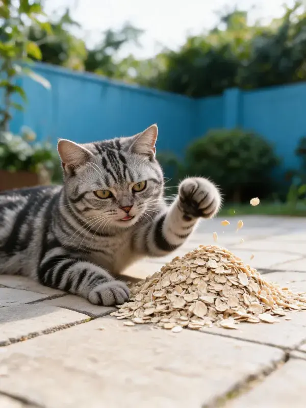银虎斑短毛猫在庭院石板地互动场景