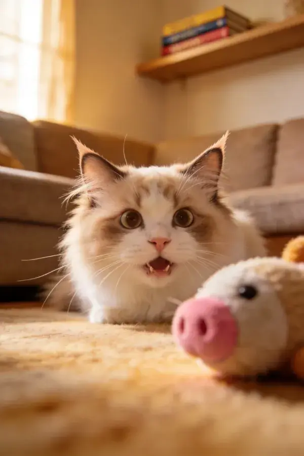 室内地毯上的双色长毛布偶猫与玩具猪互动