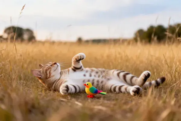 短毛虎斑猫躺卧草地旁玩具鸟