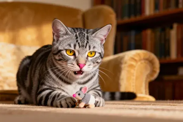 短毛虎斑猫玩布制老鼠瞬间
