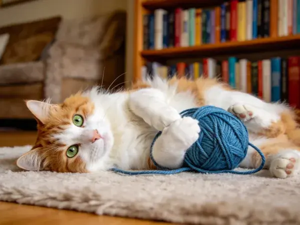 书房地毯上橘白相间短毛猫玩毛线球场景
