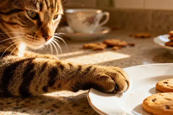 厨房台面上的虎斑猫与饼干