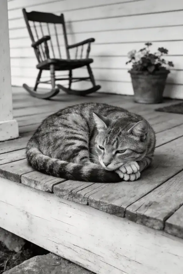 短毛家猫卧躺木质门廊