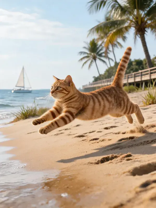 橘色虎斑短毛猫海滩跳跃场景