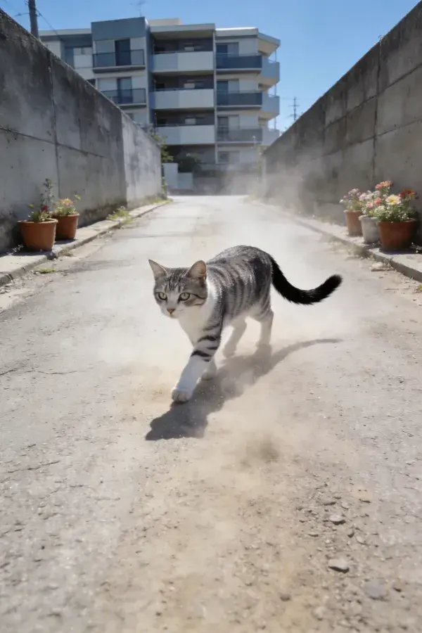 阳光下巷道中行走的花斑短毛猫