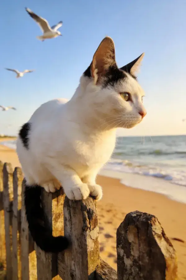 海滩木栅栏上的黑白短毛家猫