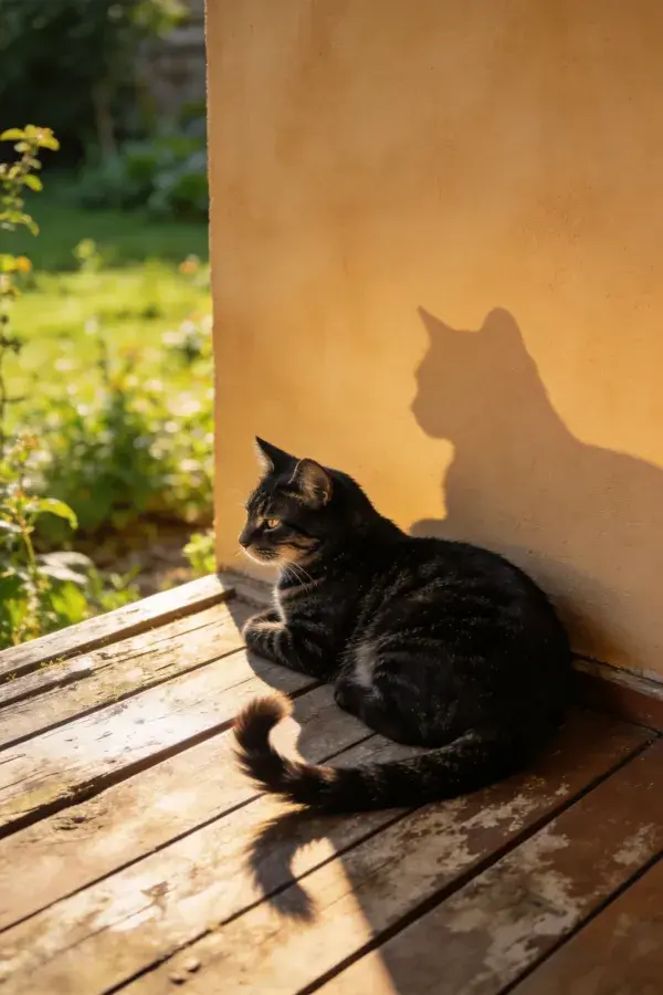 阳光下木平台上的短毛虎斑猫